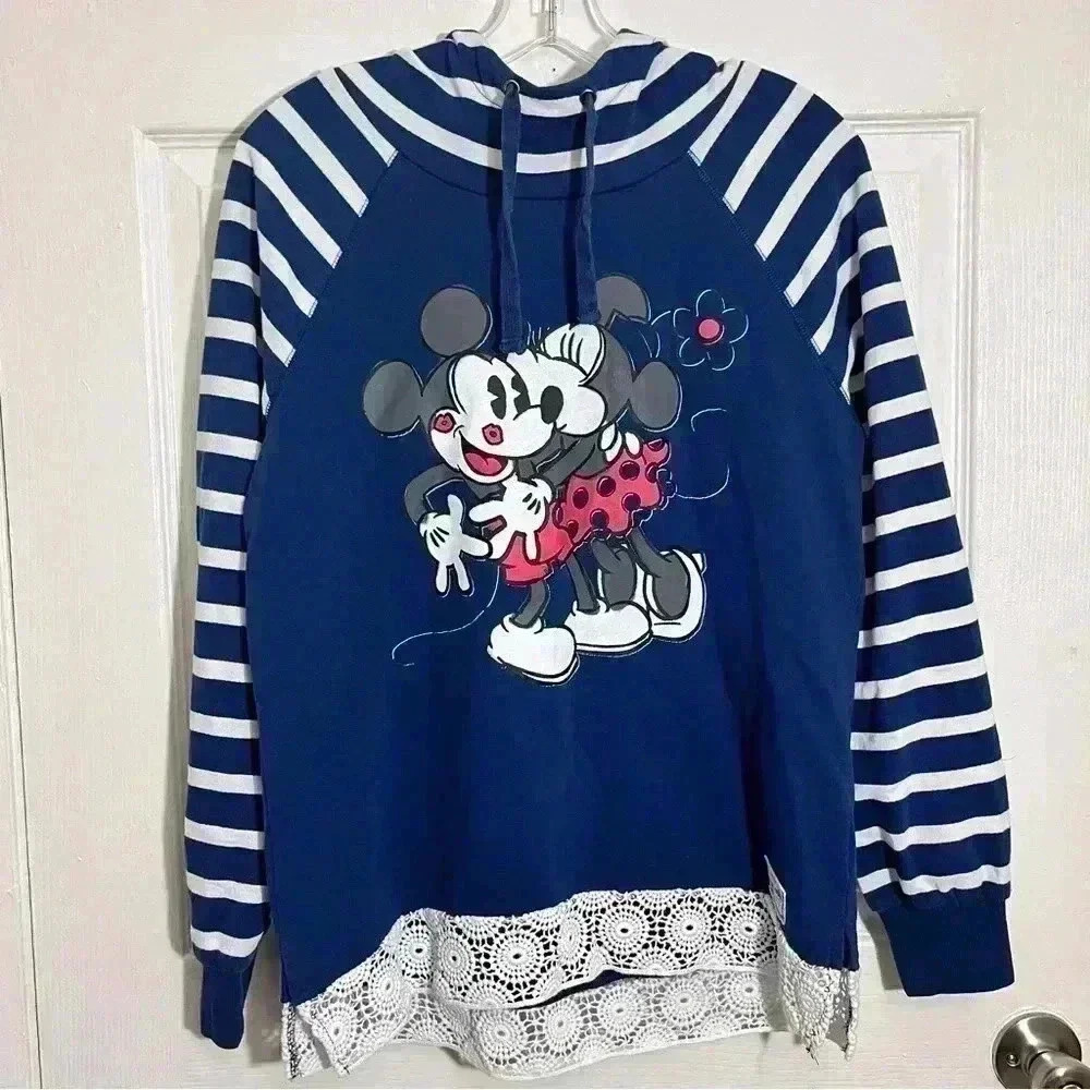 DISNEY PARKS Navy and white Mickey and Minnie Striped Sleeve Hoodie | size large